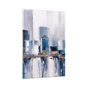 Impression sur verre - Image sur verre - Panorama urbain abstrait avec des nuances de bleu et de jaune - 70x100cm - Impression new-yorkaise - Décoration murale moderne pour le salon et la chambre ARTTOR