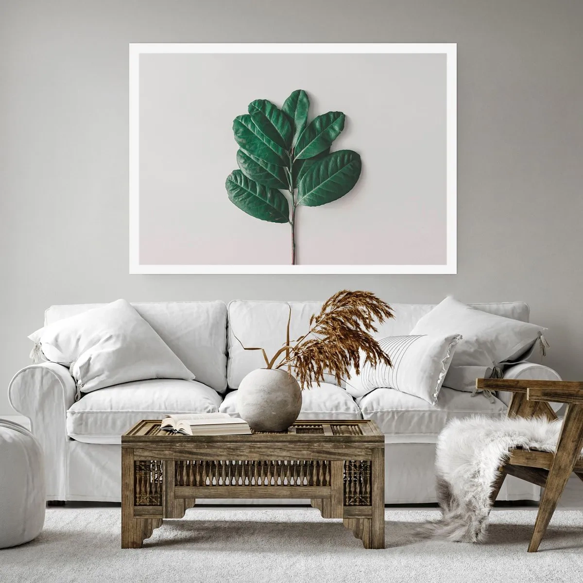 Affiche - Poster - Un brin de feuilles vertes sur un fond clair - 100x70cm - Dessin de la nature elle-même - Décoration murale moderne pour le salon et la chambre ARTTOR