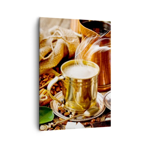 Impression sur toile - Image sur toile - Une tasse de café dorée entourée de grains, de cruches et de croissants - 50x70cm - Bonne journée! - Décoration murale moderne pour le salon et la chambre ARTTOR