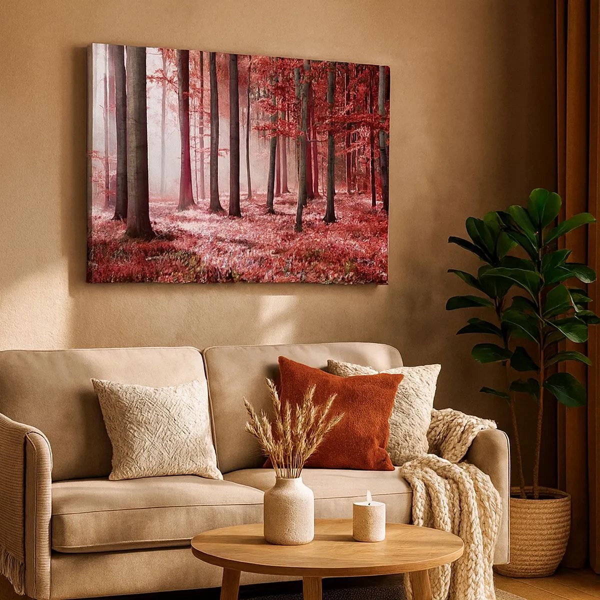 Impression sur toile - Image sur toile - Une forêt époustouflante aux teintes rouges avec des rayons de lumière pénétrant à travers les arbres - 70x50cm - Le rouge est tout aussi beau - Décoration murale moderne pour le salon et la chambre ARTTOR