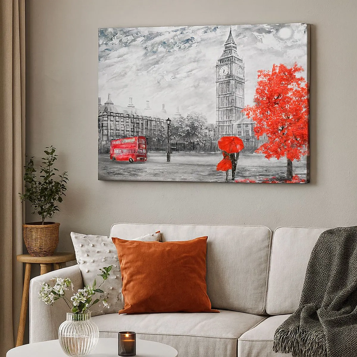 Impression sur toile - Image sur toile - Vue emblématique de Londres avec Big Ben, un bus rouge et un parapluie - 70x50cm - Une journée passionnante - Décoration murale moderne pour le salon et la chambre ARTTOR