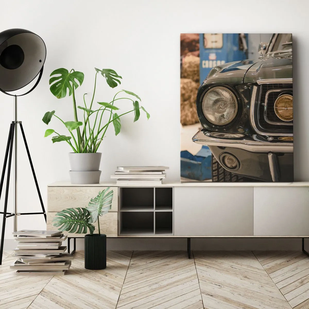 Impression sur toile - Image sur toile - Une voiture rétro emblématique dans un cadre classique - 80x120cm - Rencontre avec une légende - Décoration murale moderne pour le salon et la chambre ARTTOR