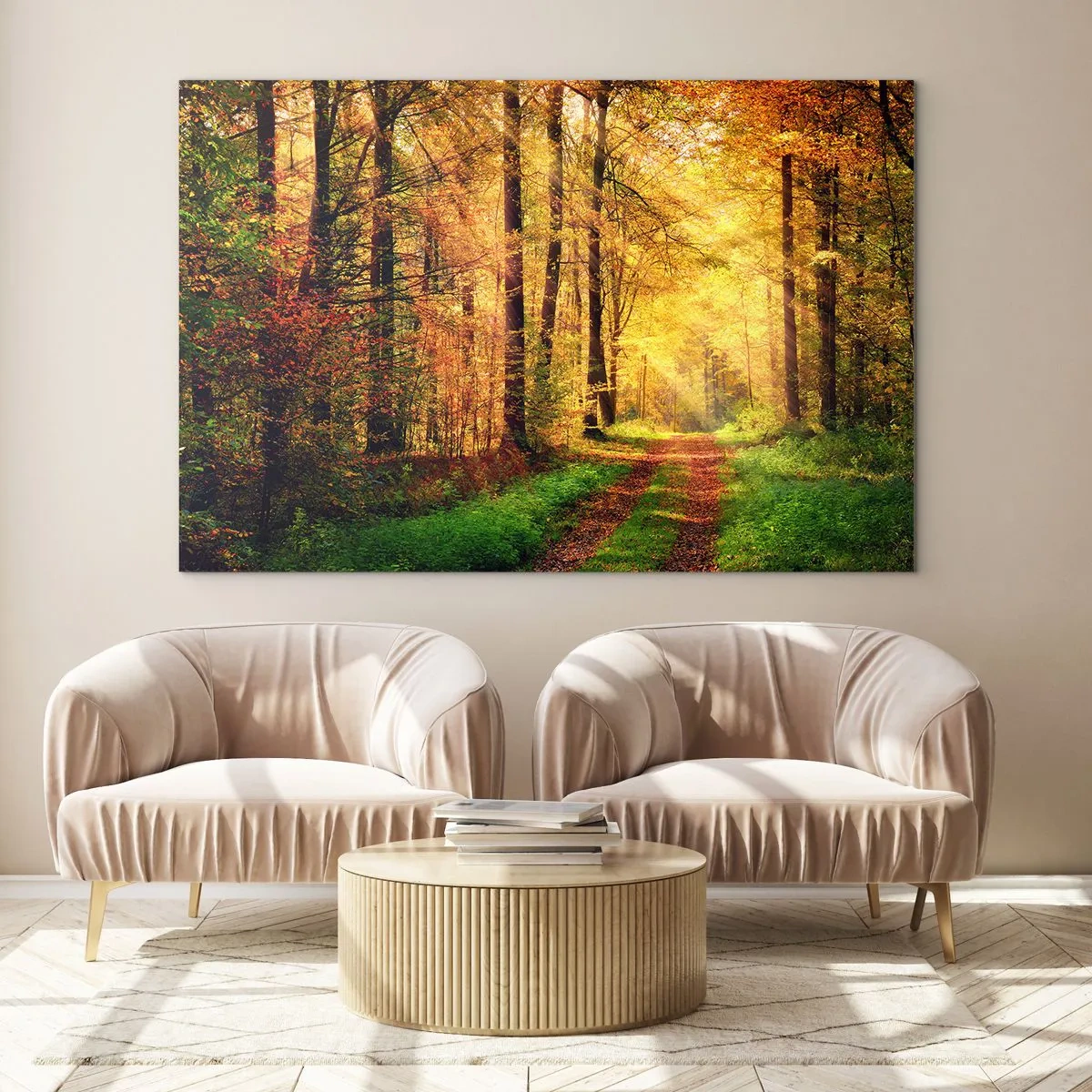 Impression sur verre - Image sur verre - Chemin d'automne dans la forêt avec les rayons du soleil - 120x80cm - Silence d'or en forêt - Décoration murale moderne pour le salon et la chambre ARTTOR