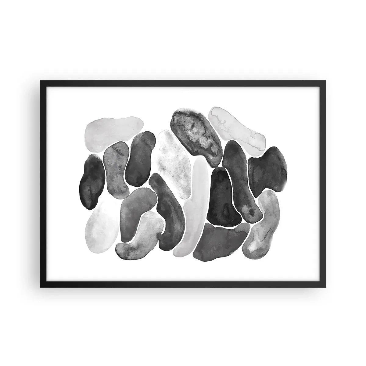 Affiche dans un cadre noir - Poster - Abstraction en noir et blanc avec des taches irrégulières sur fond blanc - 70x50cm - Abstraction rocheuse - Décoration murale moderne pour le salon et la chambre ARTTOR
