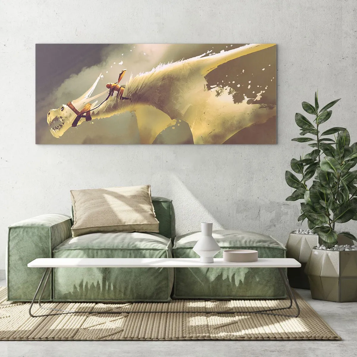 Impression sur verre - Image sur verre - Illustration d'un cavalier de dragon dans un paysage nuageux fantastique - 160x50cm - Le monde à la rescousse - Décoration murale moderne pour le salon et la chambre ARTTOR