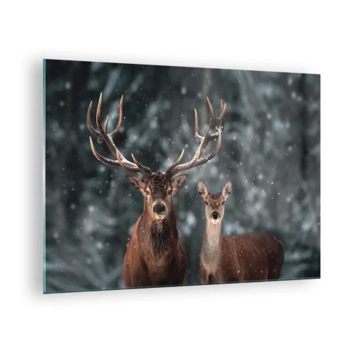 Impression sur verre - Image sur verre - Un cerf et une biche dans une forêt hivernale couverte de neige - 70x50cm - Le roi de la forêt avec sa femme - Décoration murale moderne pour le salon et la chambre ARTTOR