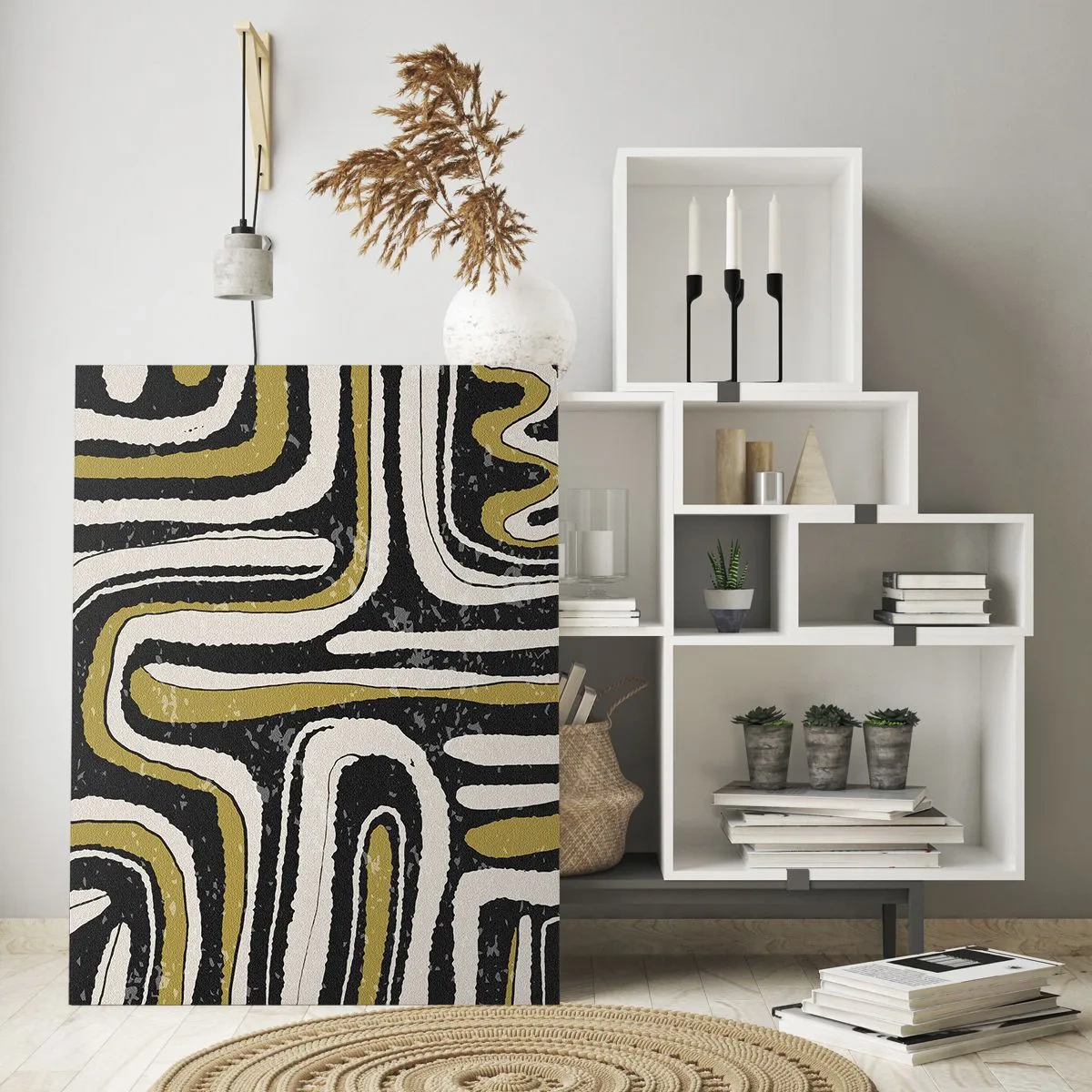 Impression sur verre - Image sur verre - Motif abstrait en noir, blanc et or - 70x100cm - Composition : routes et ruelles - Décoration murale moderne pour le salon et la chambre ARTTOR