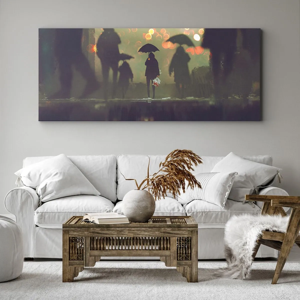 Impression sur toile - Image sur toile - Une silhouette avec un parapluie un soir pluvieux parmi les lumières de la ville - 120x50cm - Du point de vue d'une goutte de pluie - Décoration murale moderne pour le salon et la chambre ARTTOR