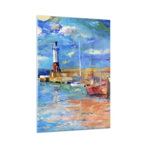 Impression sur verre - Image sur verre - Rainbow Bay avec un phare et des bateaux colorés dans le port - 50x70cm - Un après-midi dans la baie arc-en-ciel - Décoration murale moderne pour le salon et la chambre ARTTOR