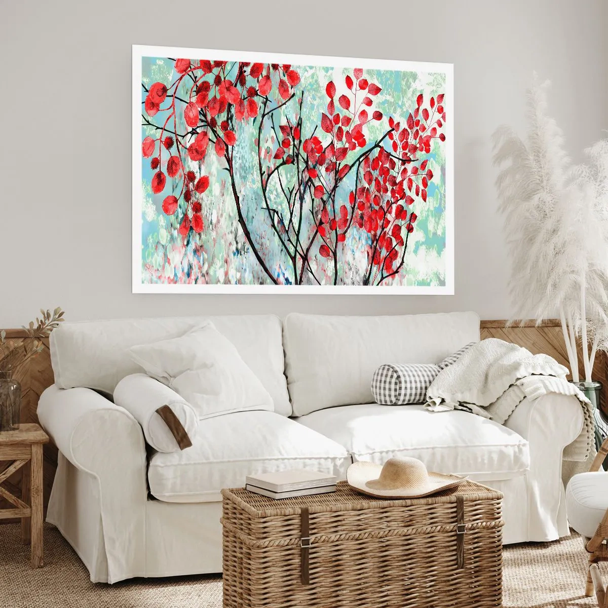 Affiche - Poster - Feuilles rouges sur un ciel lumineux avec des motifs abstraits - 100x70cm - Arbre en écarlate - Décoration murale moderne pour le salon et la chambre ARTTOR
