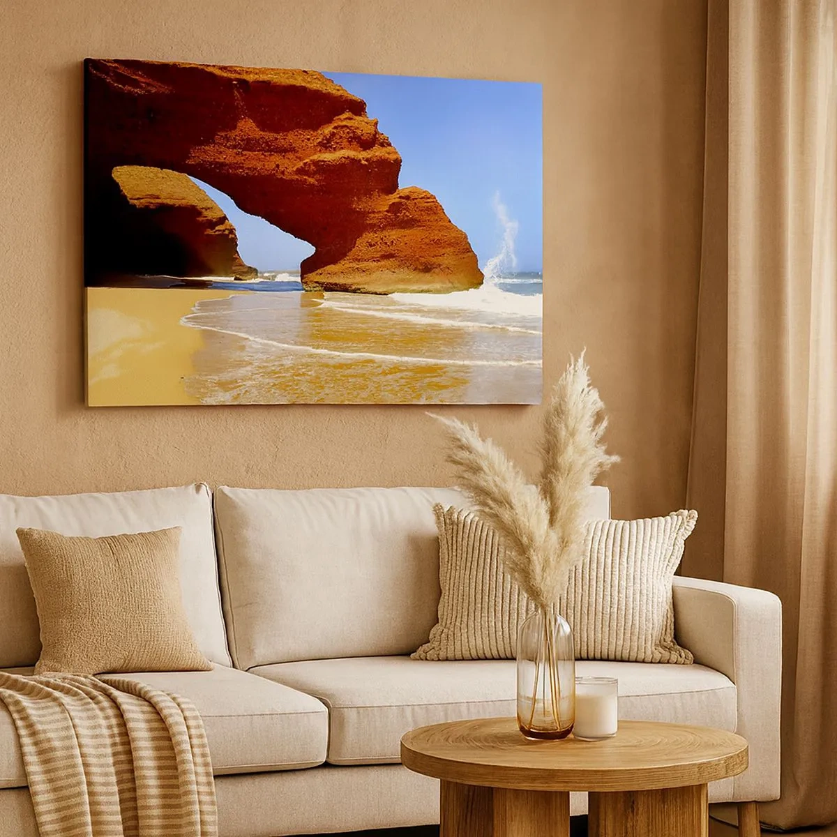 Impression sur toile - Image sur toile - Une arche rocheuse naturelle sur une plage avec un ciel bleu et des vagues - 70x50cm - L'eau et le vent depuis des milliers d'années - Décoration murale moderne pour le salon et la chambre ARTTOR