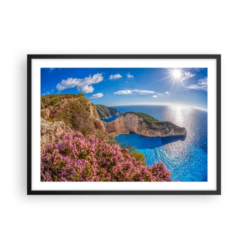 Affiche dans un cadre noir - Poster - Une falaise fleurie, une mer turquoise et un paysage grec ensoleillé - 70x50cm - Mes super vacances grecques - Décoration murale moderne pour le salon et la chambre ARTTOR