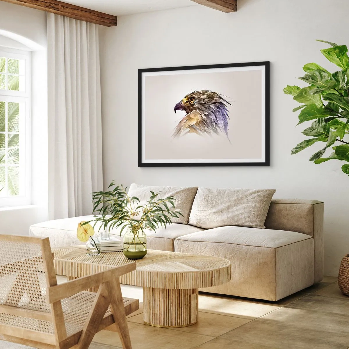 Affiche dans un cadre noir - Poster - Portrait artistique d'un aigle aux tons pastel - 100x70cm - Portrait d'un guerrier - Décoration murale moderne pour le salon et la chambre ARTTOR