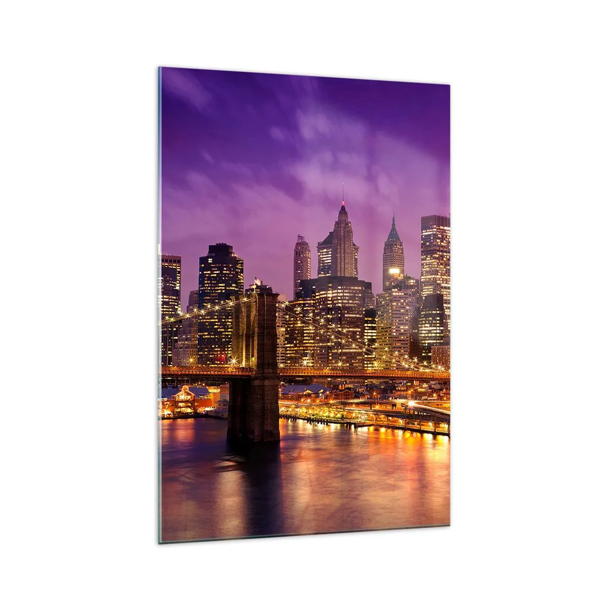 Impression sur verre - Image sur verre - Panorama de la ville avec le pont dans la lumière du soir contre le ciel violet - 70x100cm - Manhathann or violet - Décoration murale moderne pour le salon et la chambre ARTTOR