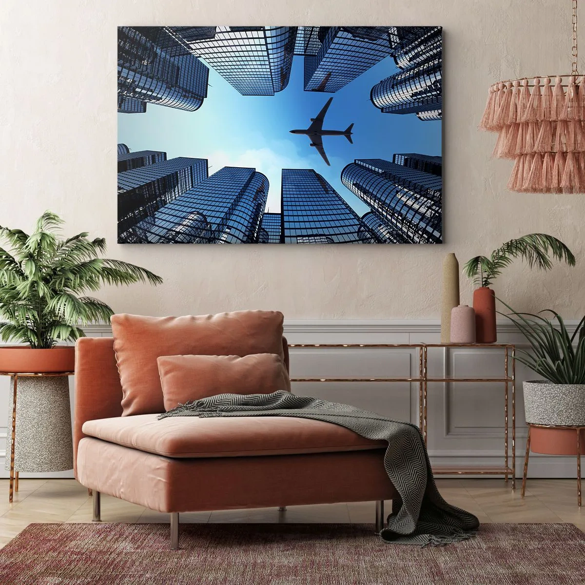 Impression sur toile - Image sur toile - Un avion survolant des gratte-ciels modernes dans le centre-ville. - 100x70cm - La vue depuis le ravin de verre - Décoration murale moderne pour le salon et la chambre ARTTOR