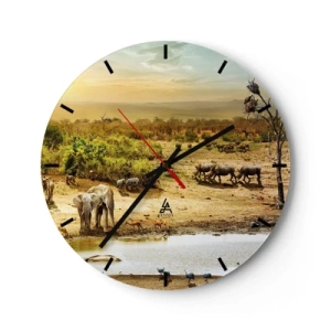 Horloge murale - Pendule murale - Savane avec des animaux sauvages à un point d'eau au coucher du soleil - 30x30cm - "Et d'Eden coulait une rivière..." - Décoration murale moderne pour le salon, la cuisine et la chambre ARTTOR