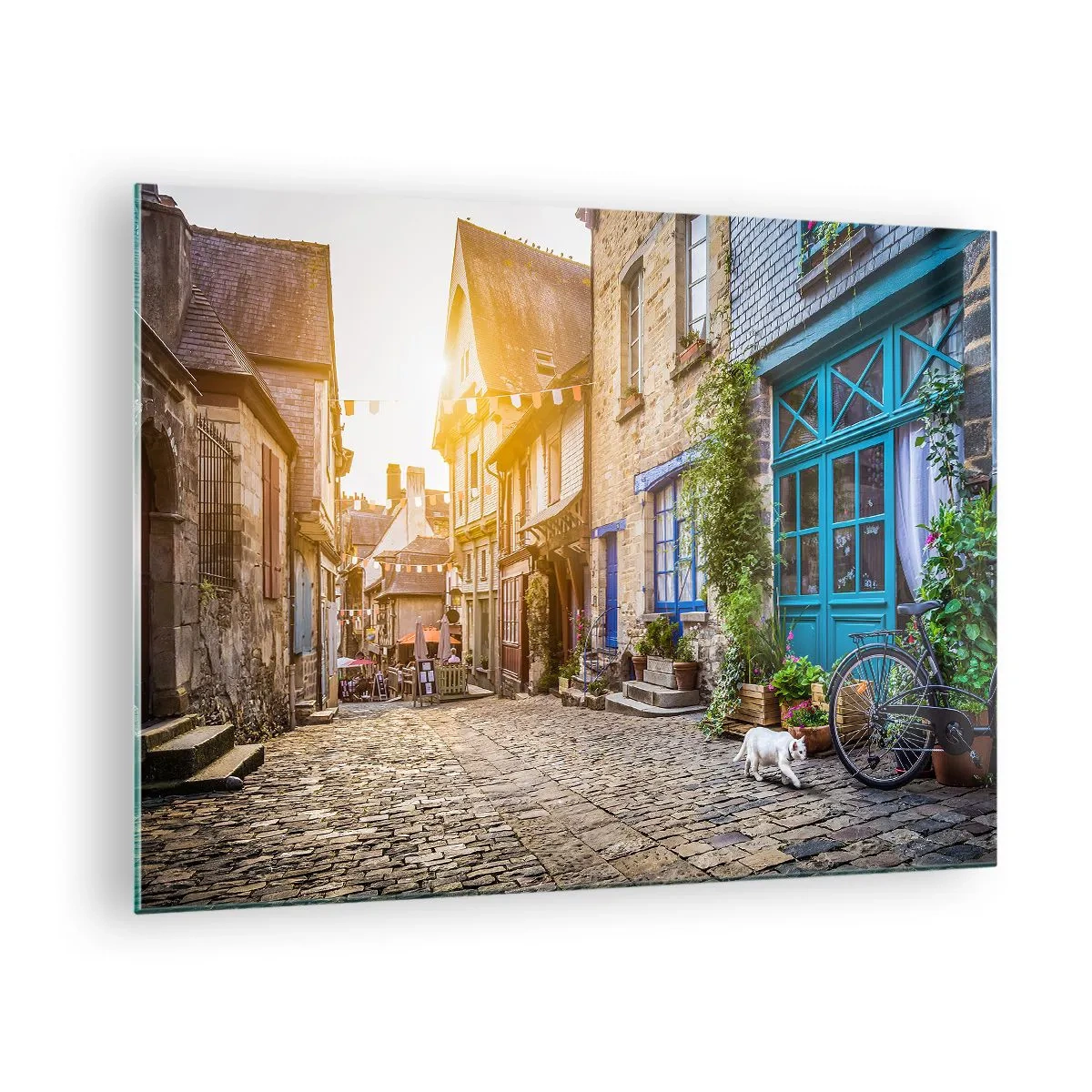 Impression sur verre - Image sur verre - Une charmante rue de la ville avec un chat blanc et un vélo - 70x50cm - Aux confins du monde - Décoration murale moderne pour le salon et la chambre ARTTOR