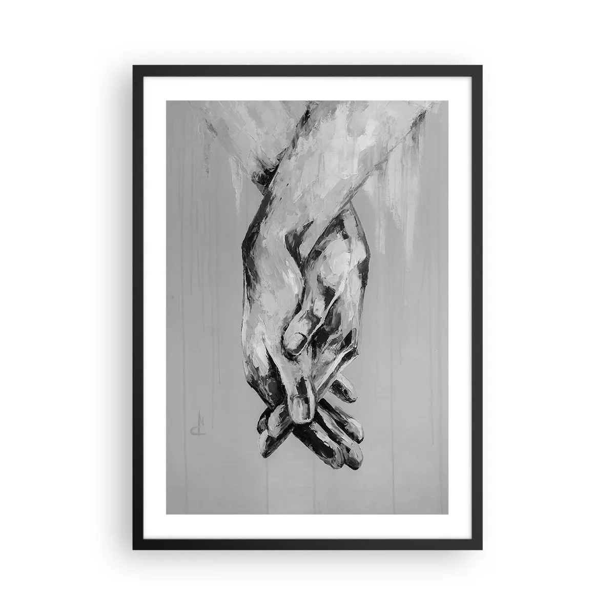 Affiche dans un cadre noir - Poster - Une image monochrome de mains jointes sur un fond gris. - 50x70cm - Début... - Décoration murale moderne pour le salon et la chambre ARTTOR