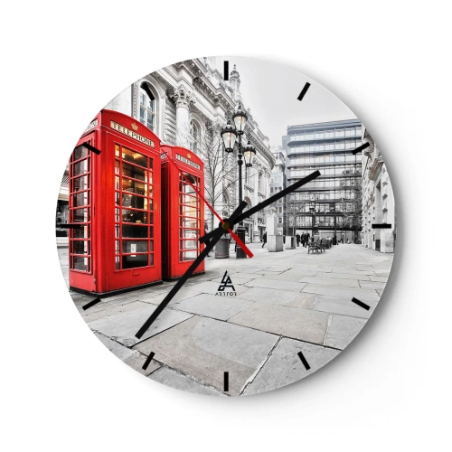 Horloge murale - Pendule murale - Cabines téléphoniques rouges en milieu urbain - 30x30cm - Welcome to London - Décoration murale moderne pour le salon, la cuisine et la chambre ARTTOR