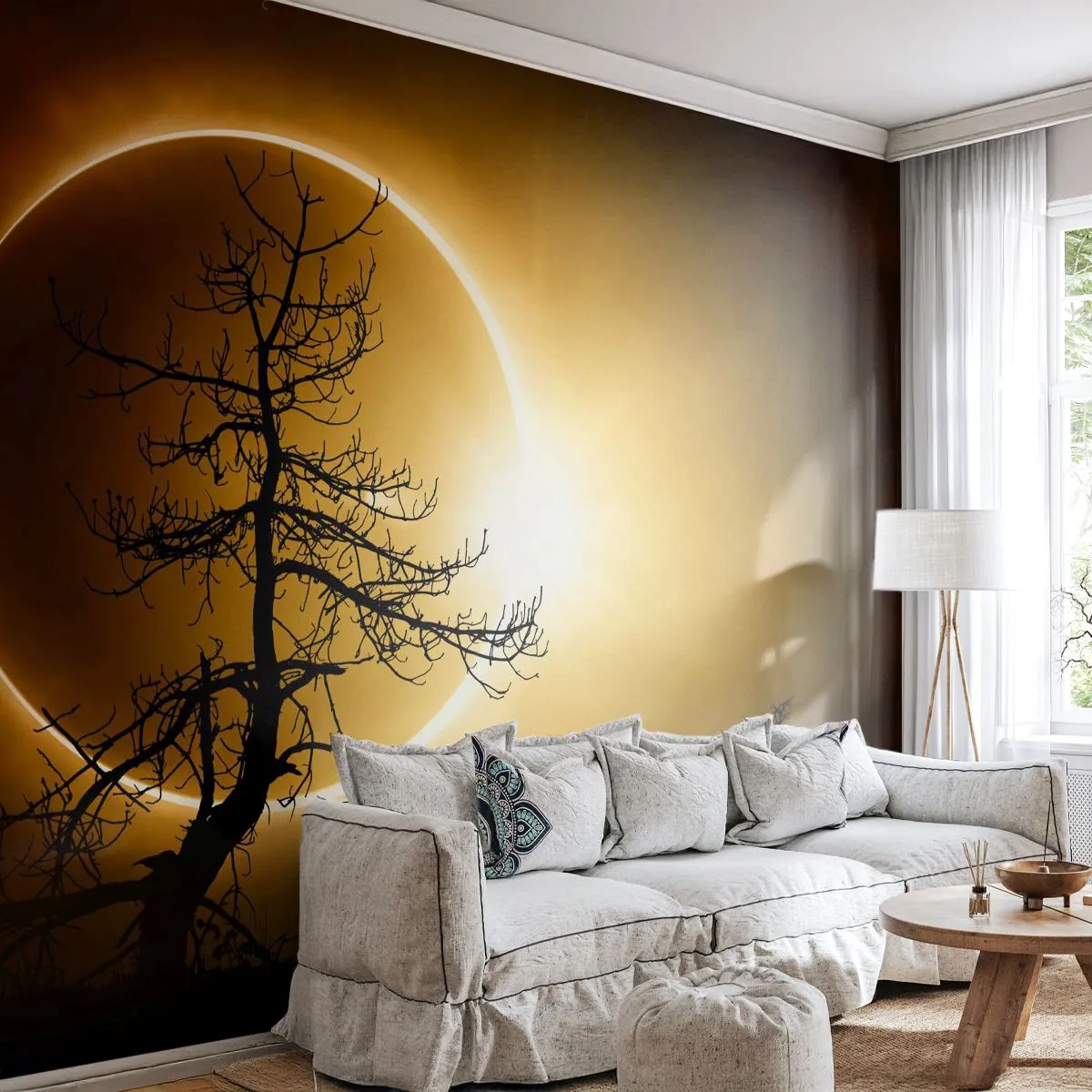 Papier Peint Photo Premium Sand - Éclipse solaire avec contour d'arbre - 100x70cm - Éclipse totale - Décoration murale moderne pour le salon et la chambre ARTTOR