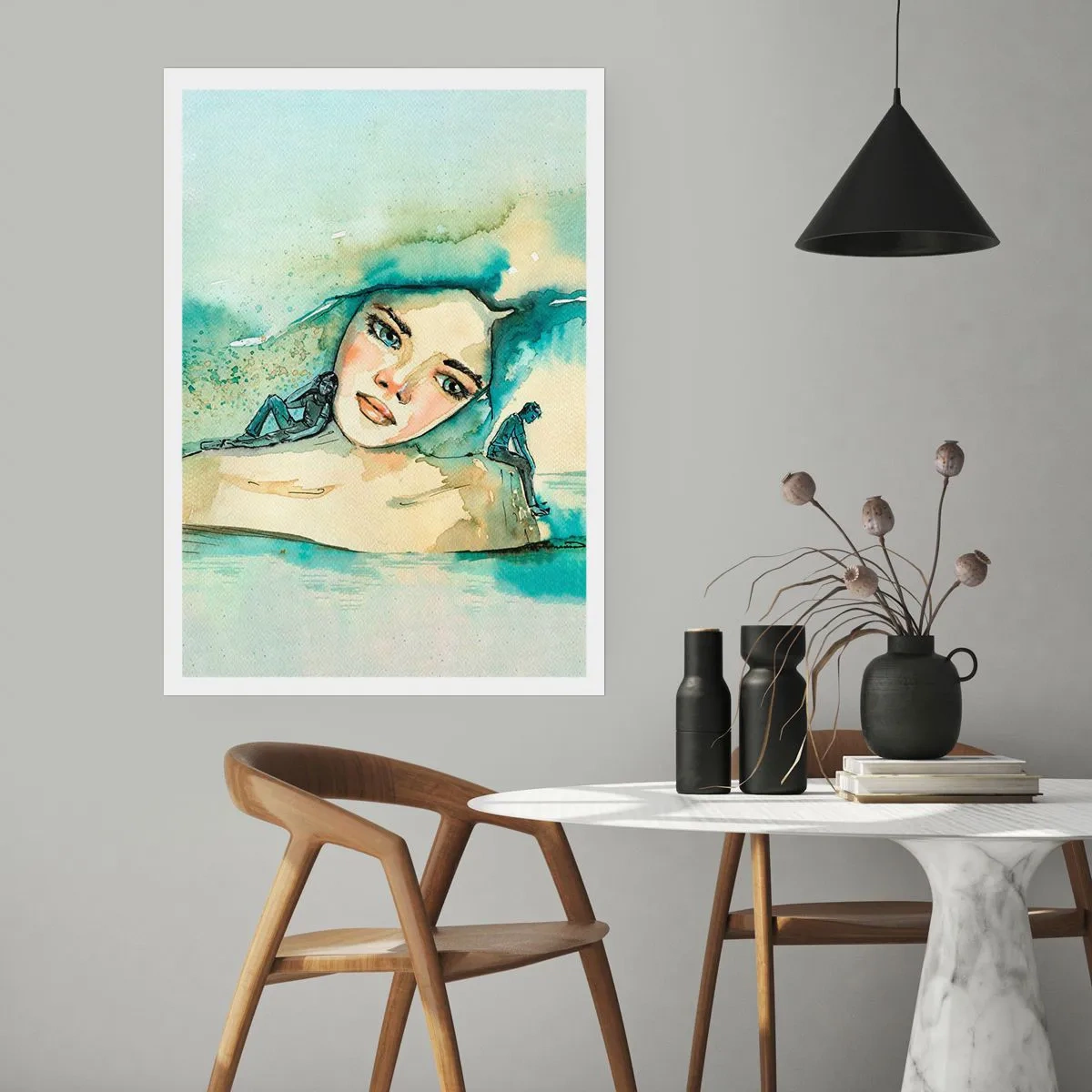 Affiche - Poster - Portrait d'une femme dans un style aquarelle artistique - 50x70cm - Suis-je bleu? - Décoration murale moderne pour le salon et la chambre ARTTOR