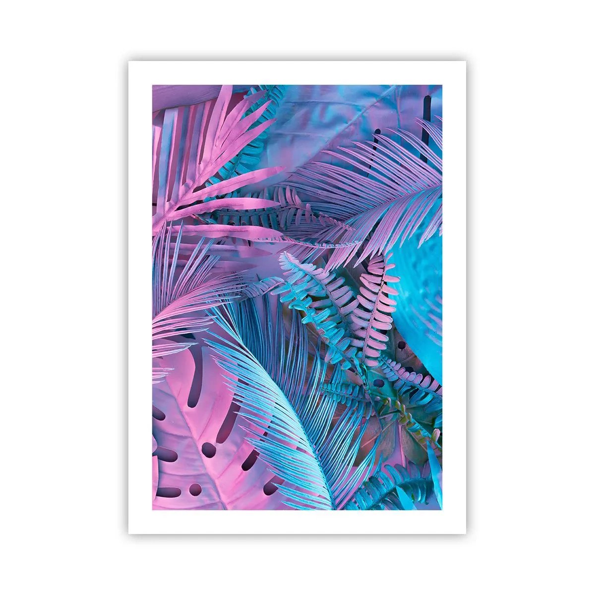 Affiche - Poster - Feuilles tropicales colorées dans des tons néon de rose et de bleu - 50x70cm - Les tropiques en rose et bleu - Décoration murale moderne pour le salon et la chambre ARTTOR