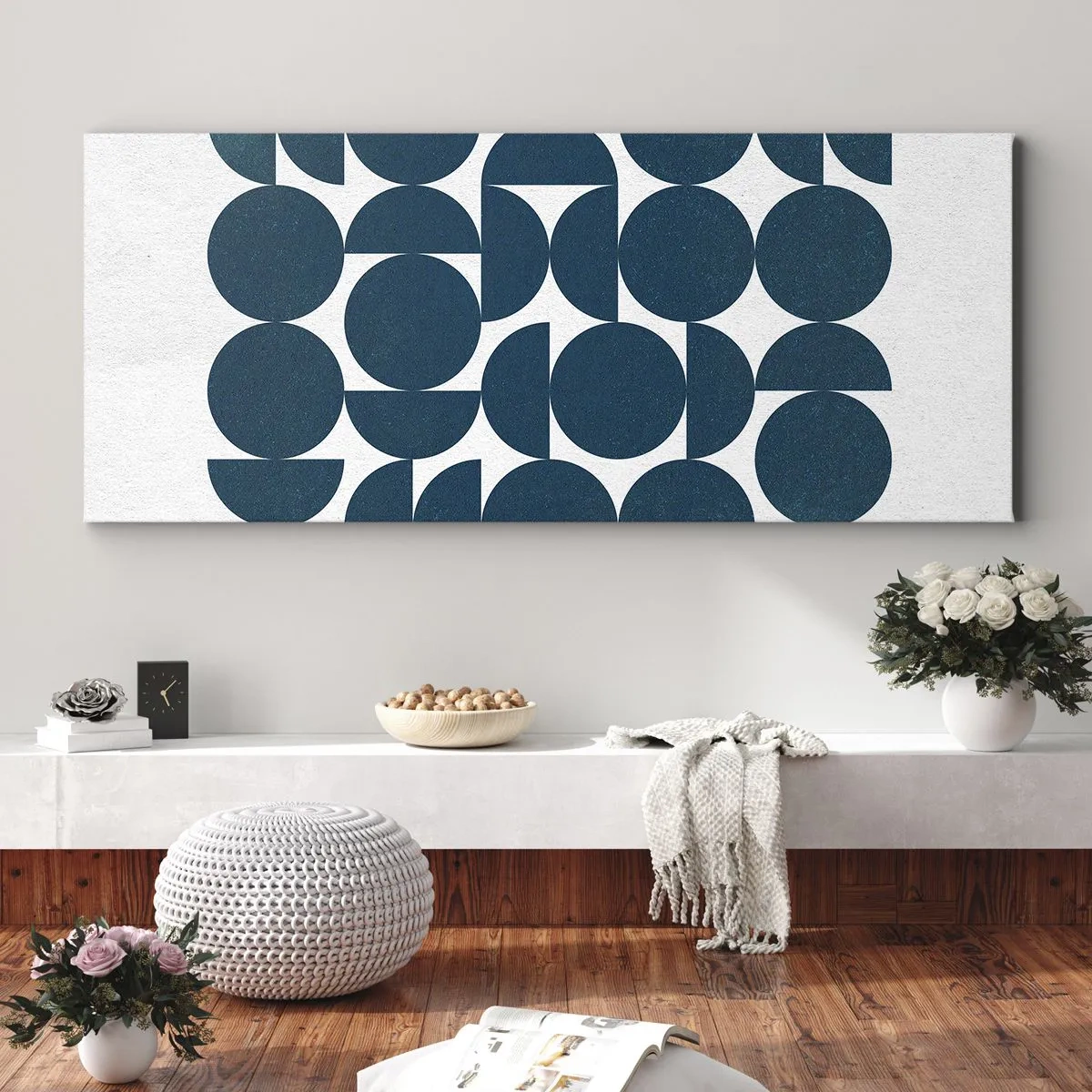 Impression sur toile - Image sur toile - Formes géométriques dans des tons bleu marine sur fond blanc - 140x50cm - Cercles et demi-cercles - Décoration murale moderne pour le salon et la chambre ARTTOR