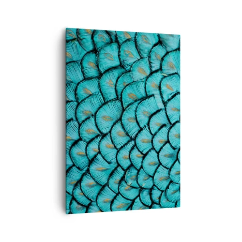 Impression sur toile - Image sur toile - Un motif ressemblant à des écailles turquoise avec des accents dorés - 70x100cm - Le grand gala des plumes - Décoration murale moderne pour le salon et la chambre ARTTOR