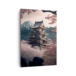 Impression sur toile - Image sur toile - Un temple japonais entouré de cerisiers en fleurs et de montagnes - 70x100cm - Le pays des cerisiers en fleurs - Décoration murale moderne pour le salon et la chambre ARTTOR