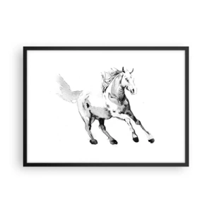 Affiche dans un cadre noir - Poster - Croquis d'un cheval au galop dans des tons de noir et blanc - 70x50cm - Âme indomptée - Décoration murale moderne pour le salon et la chambre ARTTOR