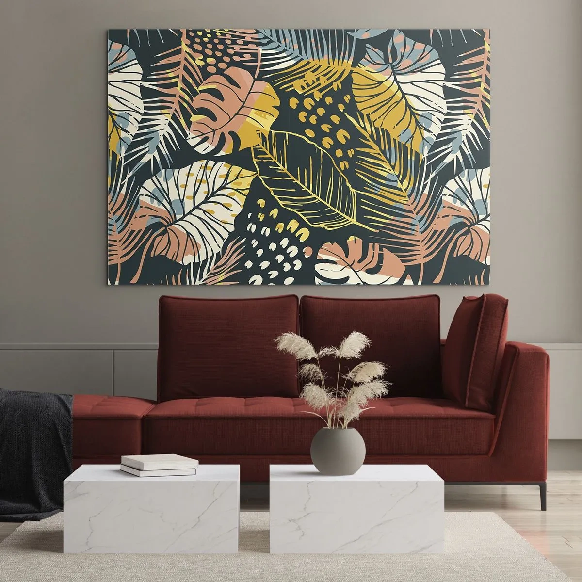 Impression sur verre - Image sur verre - Un motif de feuilles tropicales aux couleurs vibrantes, pleines d'énergie et d'exotisme. - 120x80cm - Fantaisie feuillue - Décoration murale moderne pour le salon et la chambre ARTTOR