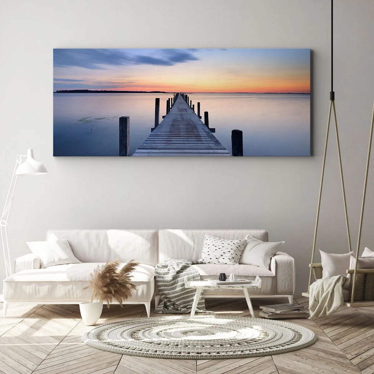 Impression sur toile - Image sur toile - Jetée en bois sur le lac au coucher du soleil - 160x50cm - Le calme d'un crépuscule serein - Décoration murale moderne pour le salon et la chambre ARTTOR