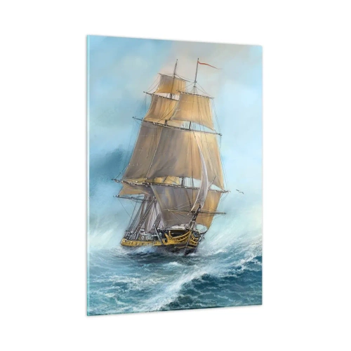 Impression sur verre - Image sur verre - Un voilier sur une mer agitée dans un style pictural - 50x70cm - Se précipitant sur les vagues - Décoration murale moderne pour le salon et la chambre ARTTOR