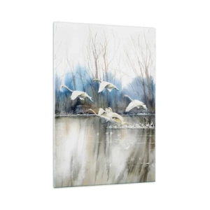 Impression sur verre - Image sur verre - Cygnes en vol au-dessus d'un lac gelé dans un paysage hivernal - 70x100cm - Comme dans un conte de fées sur les cygnes sauvages - Décoration murale moderne pour le salon et la chambre ARTTOR
