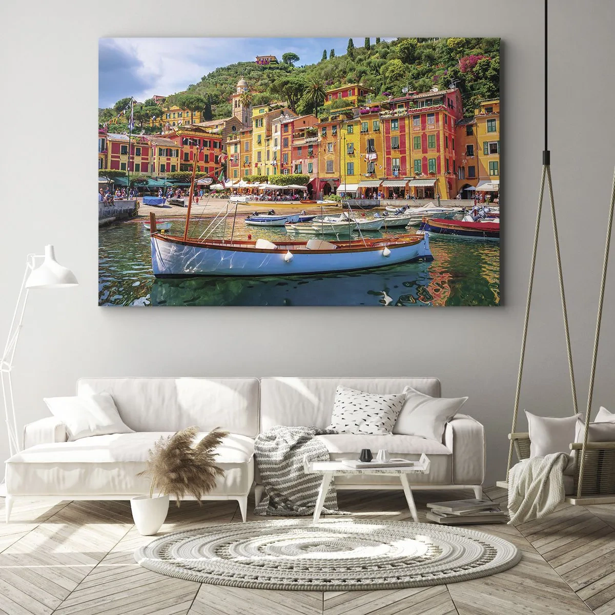 Impression sur toile - Image sur toile - Maisons de ville colorées et bateaux dans une ville balnéaire italienne - 100x70cm - Matinée italienne - Décoration murale moderne pour le salon et la chambre ARTTOR