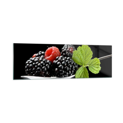 Impression sur verre - Image sur verre - Mûres et framboises sur une cuillère avec une feuille sur fond noir - 160x50cm - Le goût de la fraîcheur - Décoration murale moderne pour le salon et la chambre ARTTOR