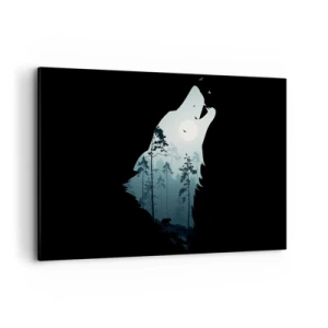 Impression sur toile - Image sur toile - Silhouette d'un loup avec une forêt et la lune en arrière-plan - 120x80cm - La voix de nuit de la forêt - Décoration murale moderne pour le salon et la chambre ARTTOR