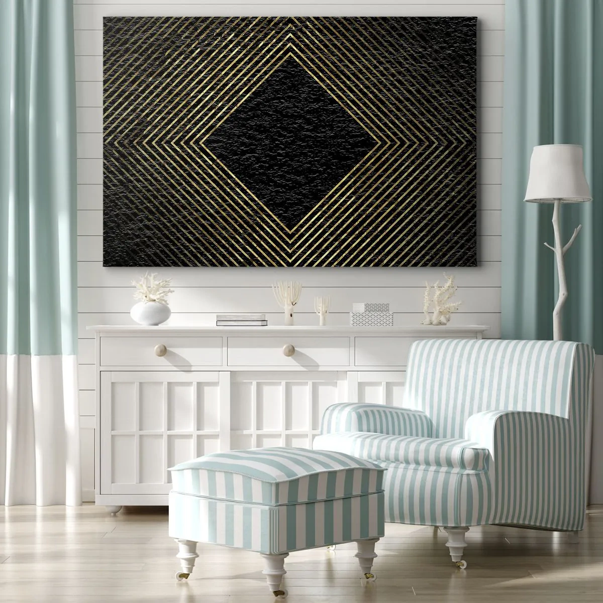 Impression sur toile - Image sur toile - Fond noir avec un motif géométrique de lignes dorées - 100x70cm - Géométrie dans un style glamour - Décoration murale moderne pour le salon et la chambre ARTTOR