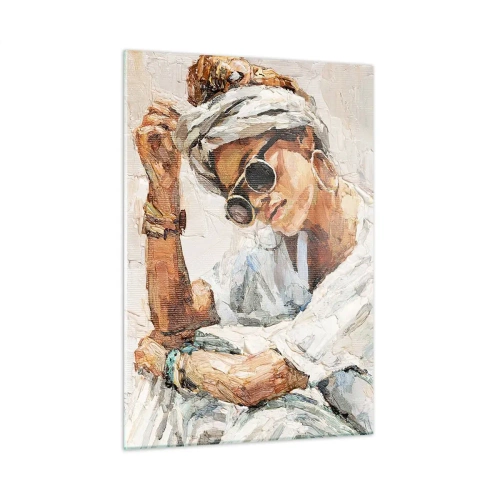 Impression sur verre - Image sur verre - Portrait d'une femme portant des lunettes et un turban peint au couteau à palette - 50x70cm - Portrait en plein soleil - Décoration murale moderne pour le salon et la chambre ARTTOR