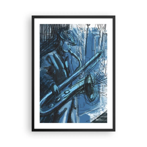 Affiche dans un cadre noir - Poster - Croquis artistique d'un musicien jouant du saxophone - 50x70cm - Rhapsodie urbaine - Décoration murale moderne pour le salon et la chambre ARTTOR