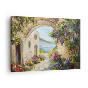 Impression sur toile - Image sur toile - Paysage de bord de mer avec des bâtiments en pierre et des fleurs - 70x50cm - Le charme d'une province côtière - Décoration murale moderne pour le salon et la chambre ARTTOR