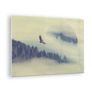 Impression sur verre - Image sur verre - Un aigle en vol au-dessus d'une forêt enveloppée de brume avec un reflet surréaliste. - 70x50cm - J'ai vu l'ombre d'un aigle - Décoration murale moderne pour le salon et la chambre ARTTOR
