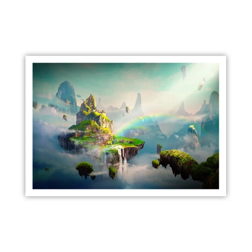 Affiche - Poster - Des îles volantes parmi les nuages avec un arc-en-ciel à l'horizon - 100x70cm - Au milieu des cieux - îles du bonheur - Décoration murale moderne pour le salon et la chambre ARTTOR