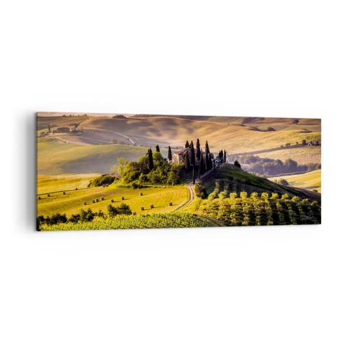 Impression sur toile - Image sur toile - Paysage toscan avec des vignes et une maison sur une colline - 140x50cm - Arcadie - le paysage toscan - Décoration murale moderne pour le salon et la chambre ARTTOR