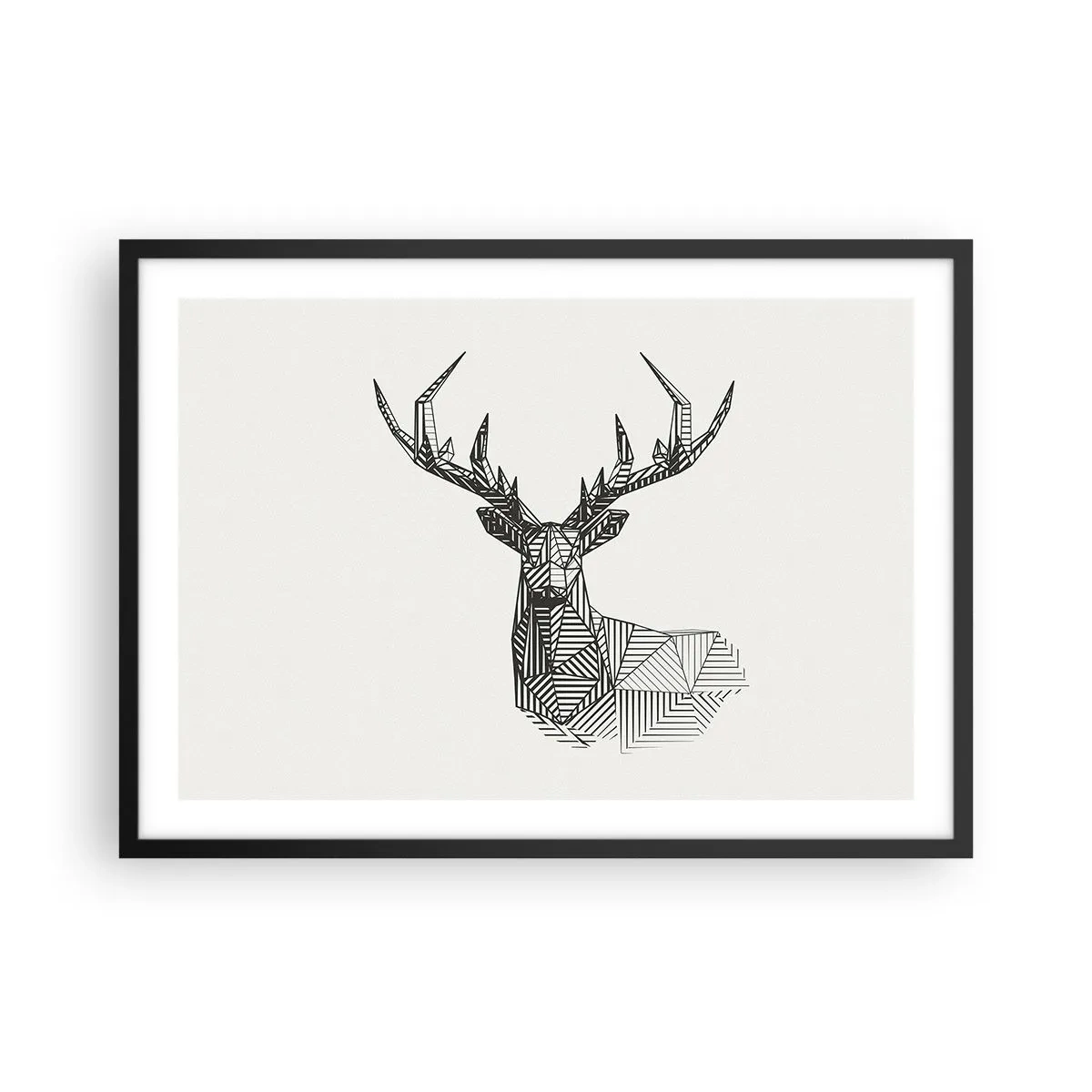 Affiche dans un cadre noir - Poster - Image géométrique d'un cerf dans un style minimaliste en noir et blanc - 70x50cm - Cerf dans un style cubique - Décoration murale moderne pour le salon et la chambre ARTTOR
