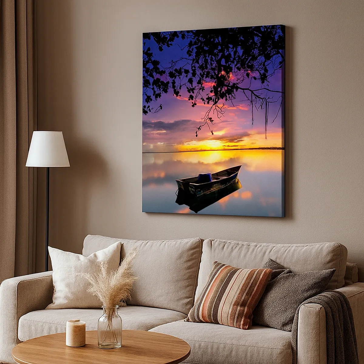 Impression sur toile - Image sur toile - Un bateau sur une eau calme au coucher du soleil - 50x70cm - "Tu sembles suspendu au milieu du ciel..." - Décoration murale moderne pour le salon et la chambre ARTTOR