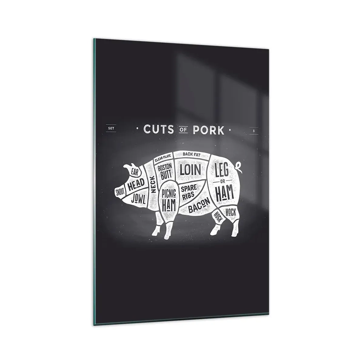 Impression sur verre - Image sur verre - Diagramme des coupes de porc sur fond noir - 80x120cm - L'art de la découpe - Décoration murale moderne pour le salon et la chambre ARTTOR