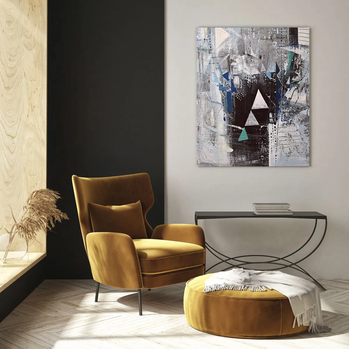 Impression sur verre - Image sur verre - Triangles géométriques sur fond de composition abstraite dans des tons de gris. - 50x70cm - Ordre prioritaire des triangles - Décoration murale moderne pour le salon et la chambre ARTTOR