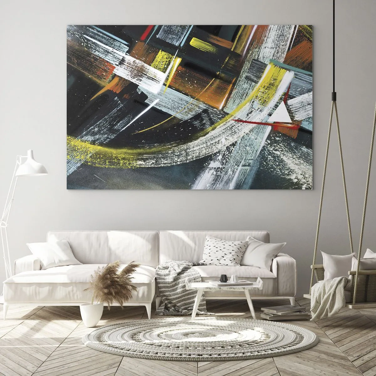 Impression sur verre - Image sur verre - Abstraction dynamique avec des coups de pinceau colorés - 120x80cm - L'énergie du mouvement - Décoration murale moderne pour le salon et la chambre ARTTOR