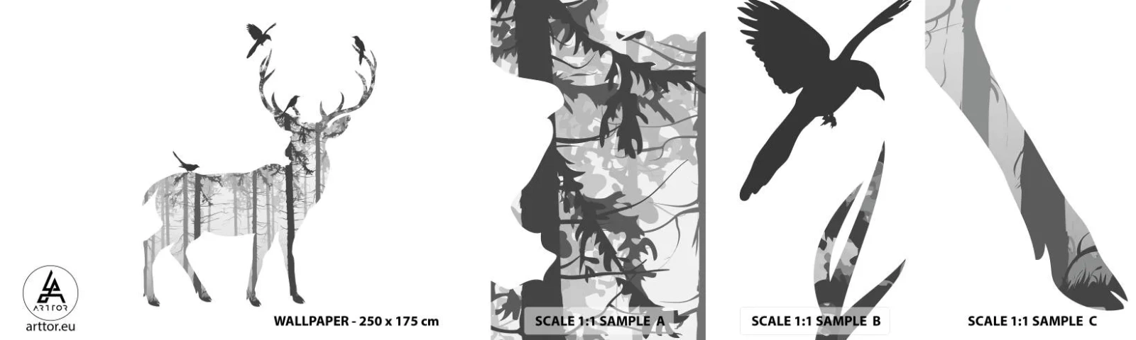 Échantillon de Papier Peint Autocollant Deluxe Sticker - La bonne âme de la forêt - Abstraction, Cerf, Nature - 100x30 cm